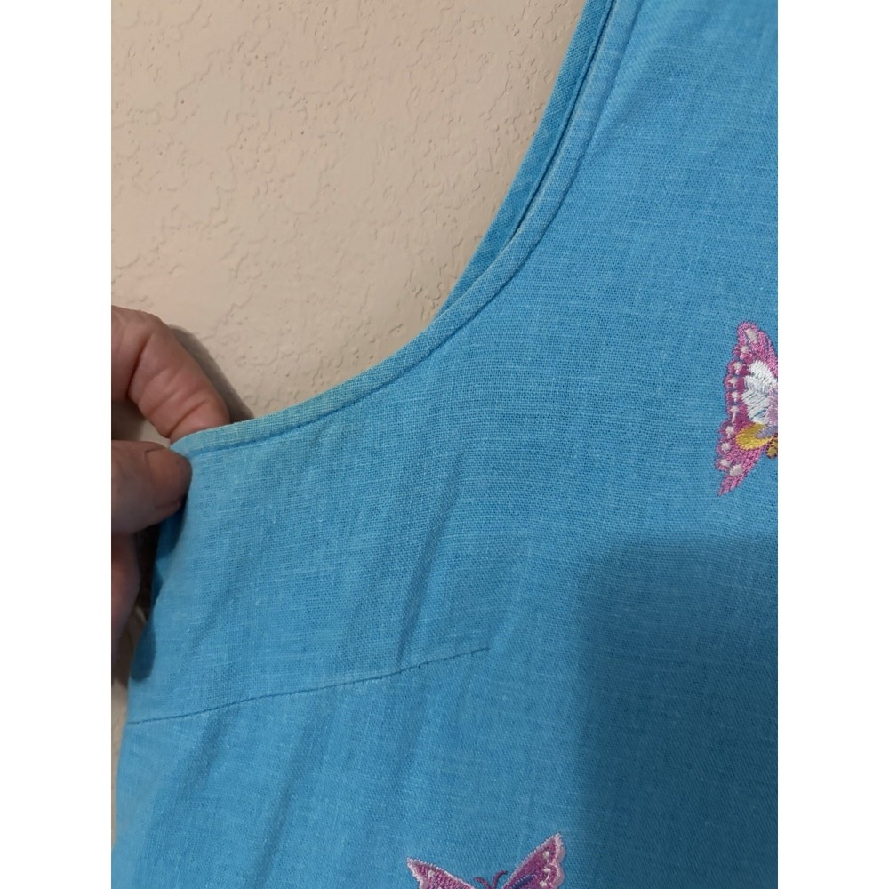 Vintage Erika Linen Blend Embroidered Butterfly Midi Shirtdress Blue Aqua 90s - Picture 4 of 11
